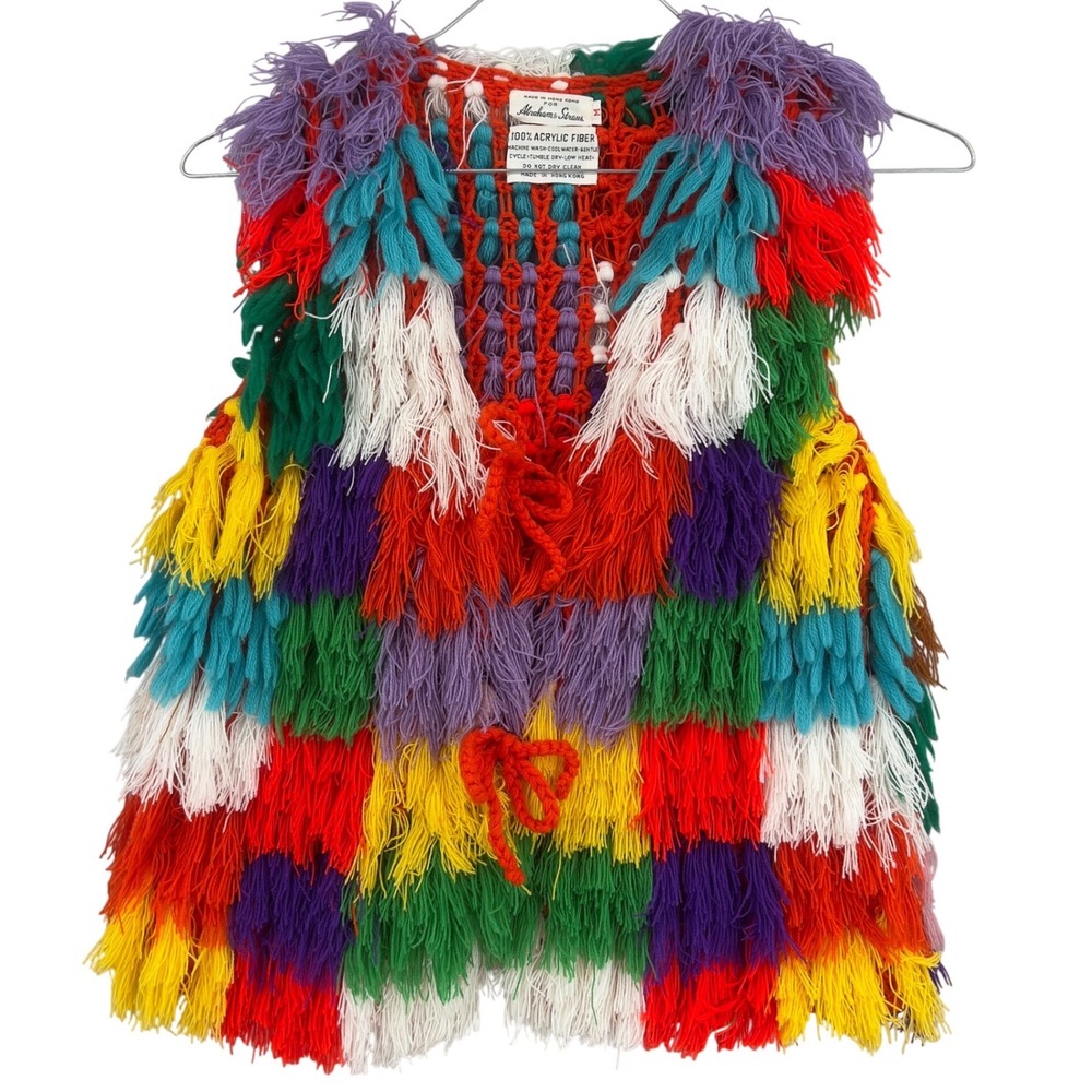 Vintage 70s Rainbow Shaggy Fringe Statement Vest Groovy Hippie Abraham Straus OS